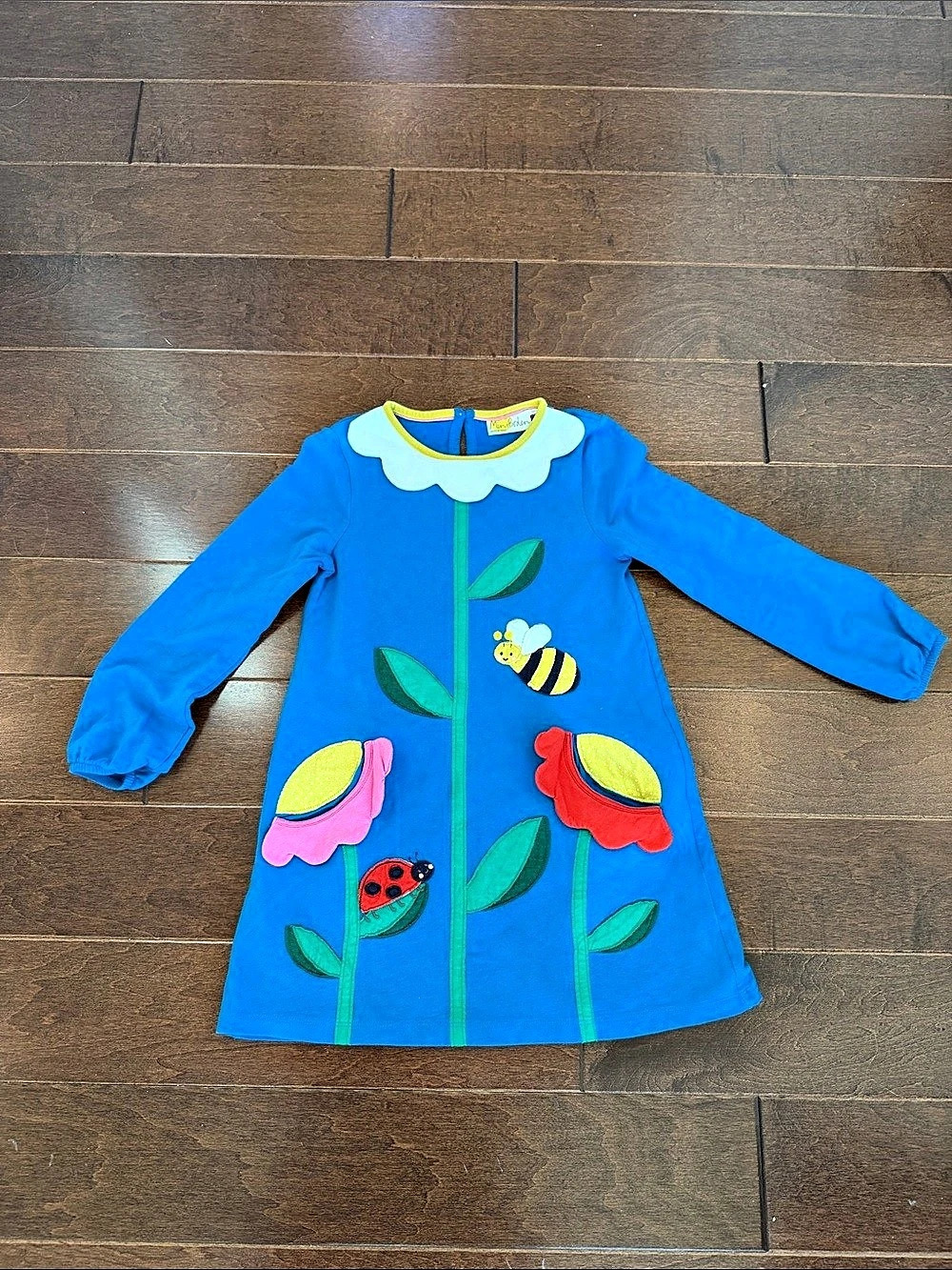 Mini Boden Garden Applique Long Sleeve Dress Blue & Pink Girls 7-8Y
